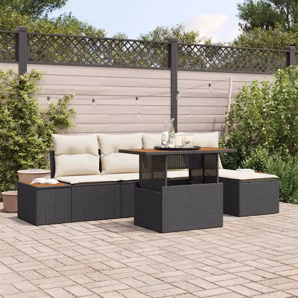 Set da pranzo da giardino vidaXL in rattan e legno di acacia con 6 sedute, Nero e Beige – 1