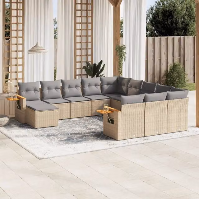 vidaXL Set Divani da Giardino 11 pz in Polyrattan con Cuscini Beige e Tavolino da Esterno
