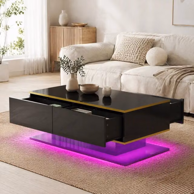 Tavolino da salotto ULEVR 100x50x40 cm con LED regolabile, 3 cassetti e vano aperto, nero e oro
