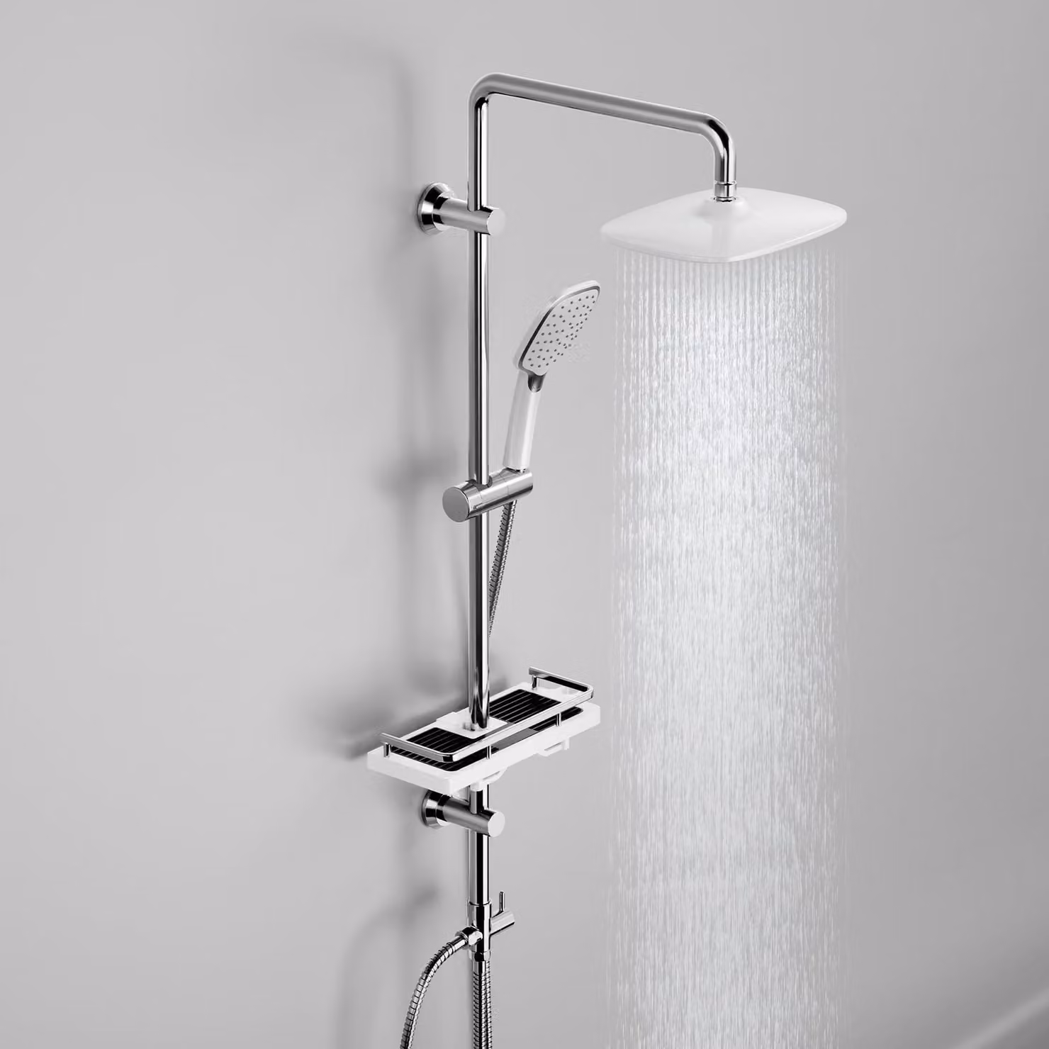 Sistema doccia a soffitto con doccetta manuale e supporto a parete