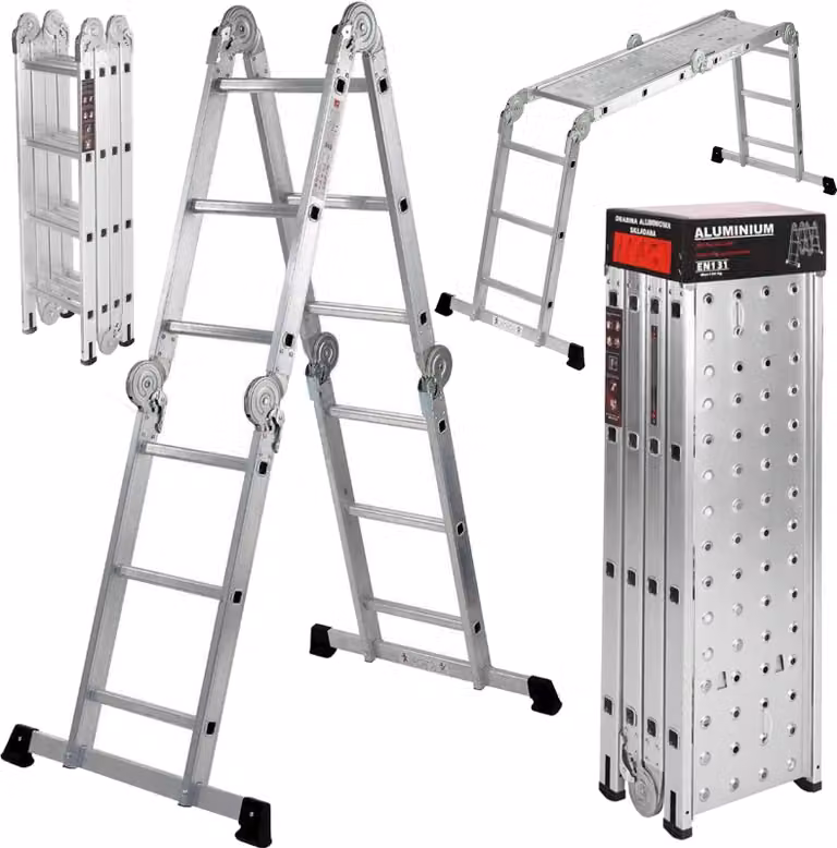 KRAFT&DELE | Scala multiuso, 4x4 gradini, 460 cm, 150 kg, scala multifunzionale con piattaforma, scala con 2 piastre da ponteggio, scala articolata, scala pieghevole, scala fissa, scala in alluminio, scala a gradini, scala combinata