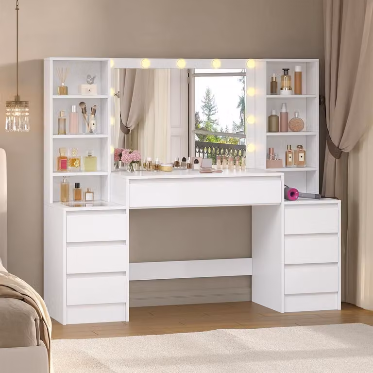 Comò da trucco con illuminazione, 3 tonalità di luce, luminosità regolabile, prese di corrente, 7 cassetti, 8 scomparti, specchio, ripiani regolabili, bianco