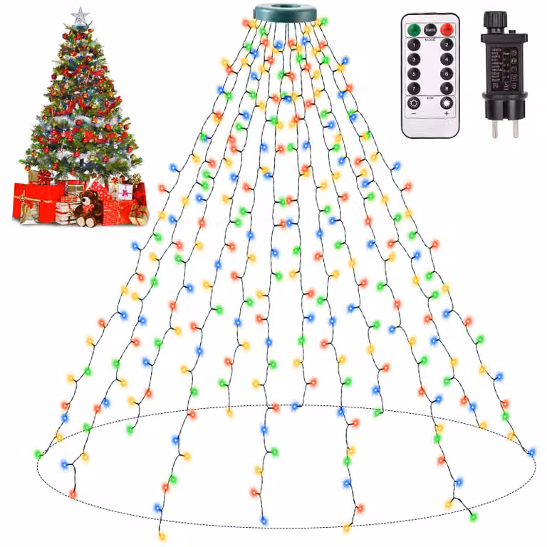 Catena luminosa per albero di Natale, 2,5 metri, 300 LED, 12 fili, 8 modalità, timer, grado di protezione IP44
