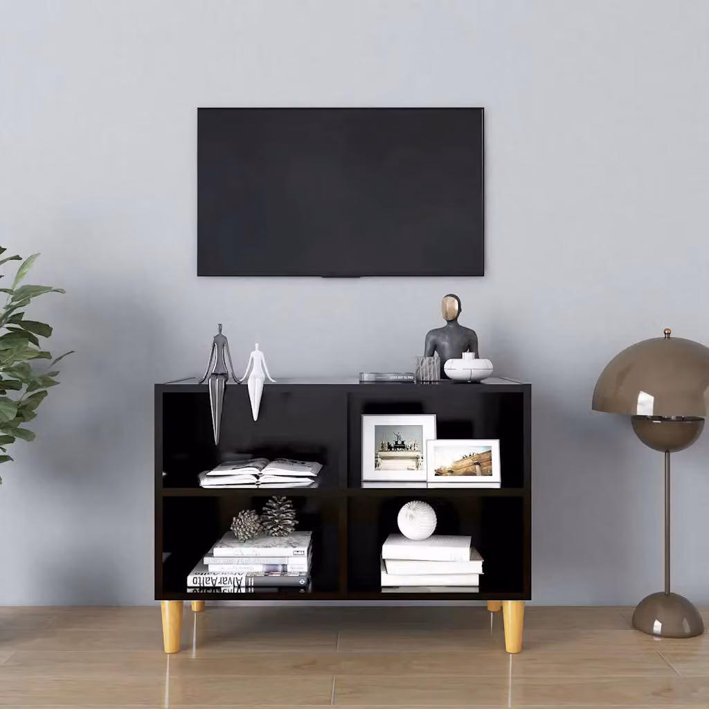 Mobile TV vidaXL in stile scandinavo con gambe in legno massello nero, L 69,5 cm x P 30 cm x H 50 cm