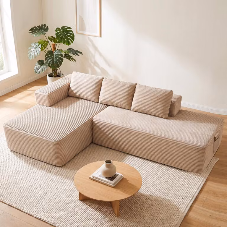 Divano componibile modello Ecksofa, con funzione letto, 255 cm, rivestito in velluto. Divano modulare "Boneless" con chaise longue e struttura in metallo per lo schienale. Divano a L con funzione letto e struttura aperta
