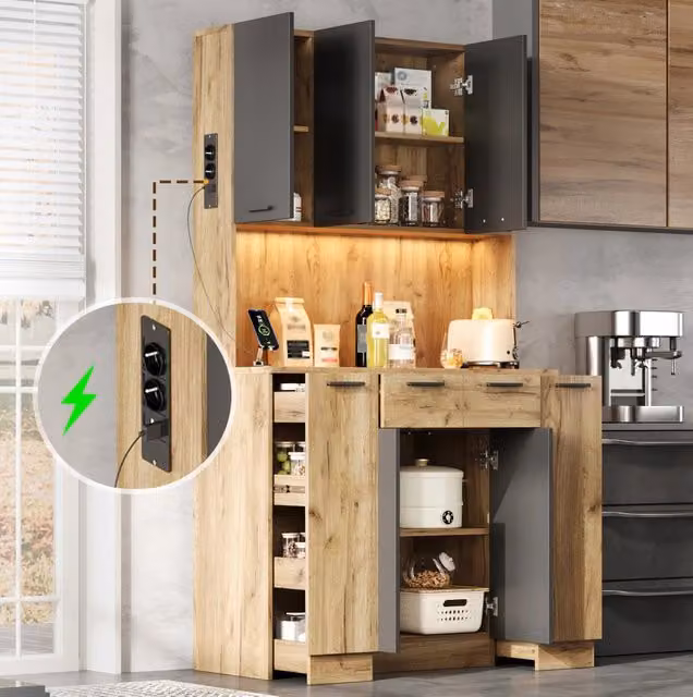 Mobile cucina alto ULEVR 100x40x180 cm con LED RGB, prese USB, ripiani regolabili e estraibili verticali, nero e naturale