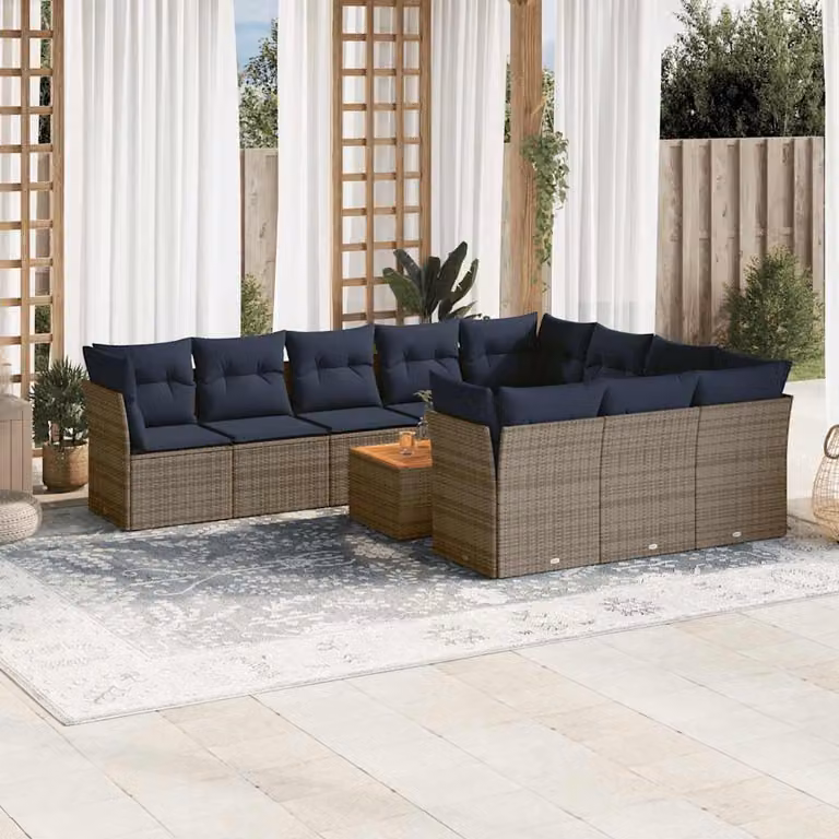 Set di divani da giardino vidaXL in polyrattan grigio con cuscini e tavolino da esterno 11 pz