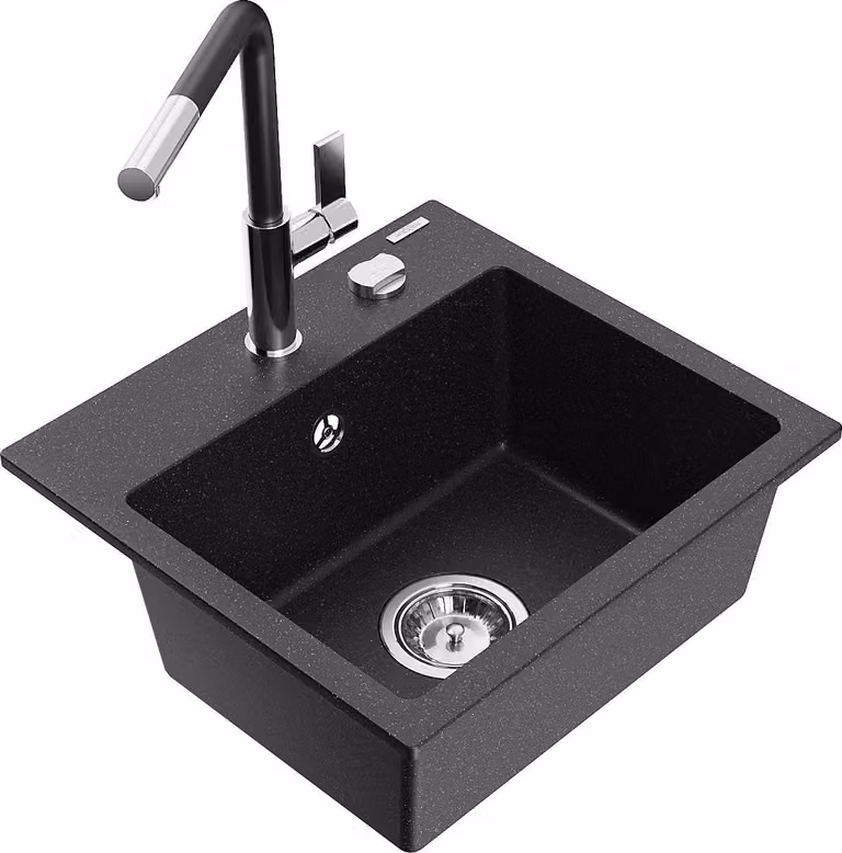Mexen Milo lavabo in granito a 1 vasca con miscelatore cucina Flora, nero/metallo argentato - 6505-73-670401-07
