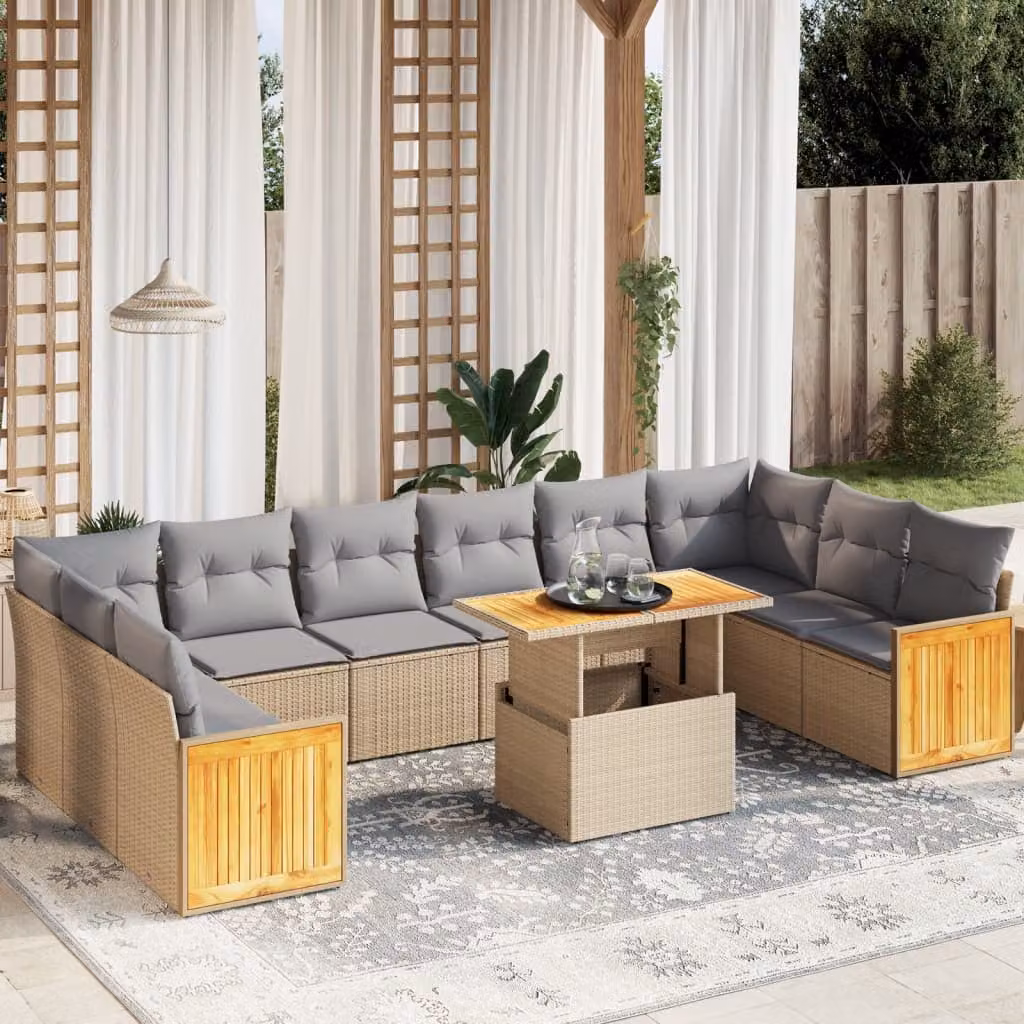 vidaXL Set Divani da Giardino 11 pz in Polyrattan con Cuscini Beige e Grigio per Esterno – 1