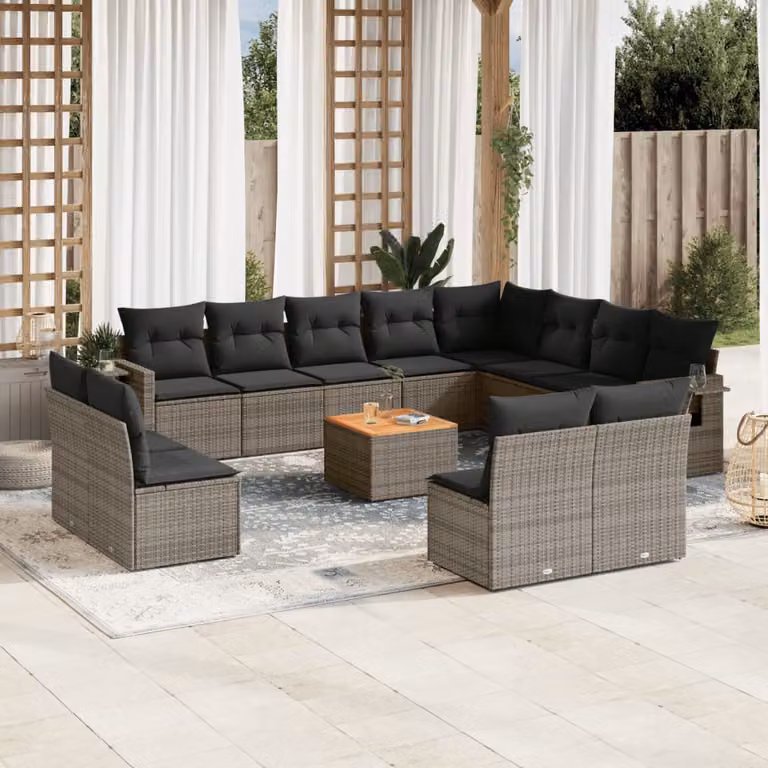 Set di divani da giardino vidaXL in polyrattan grigio con cuscini, forma a U e tavolino da esterno