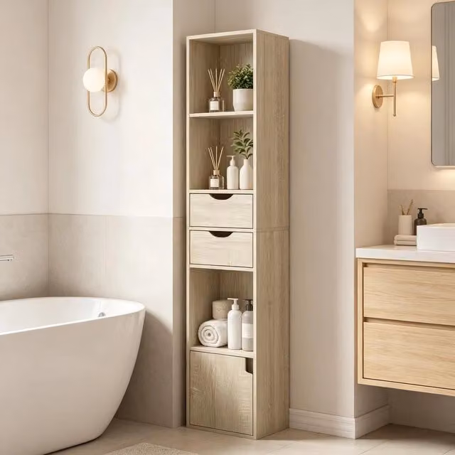 Libreria moderna MIVRAY con 3 vani aperti, 2 cassetti e armadietto, ripiano regolabile, beige rovere chiaro, L 30 cm x H 157.5 cm x P 24 cm