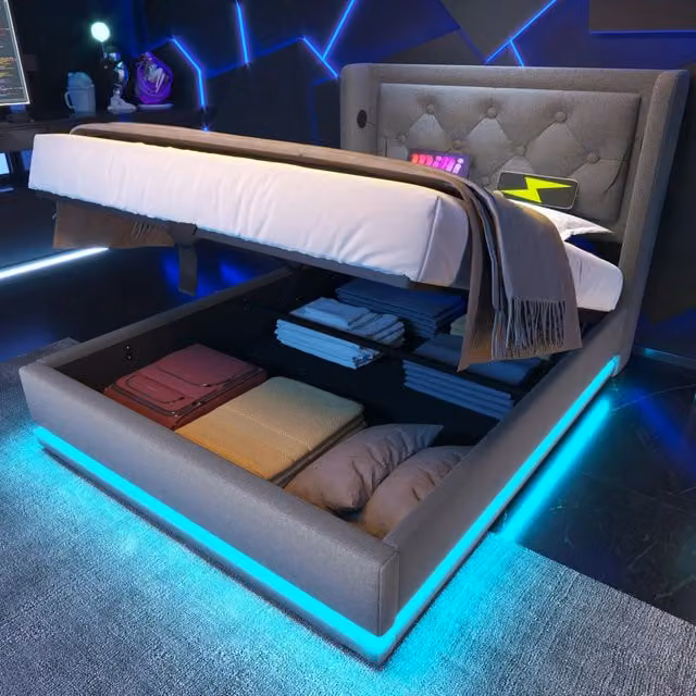 Letto Contenitore Idraulico REDOM in Cotone Grigio con USB e LED L/P/H: 90 x 200 cm – 1