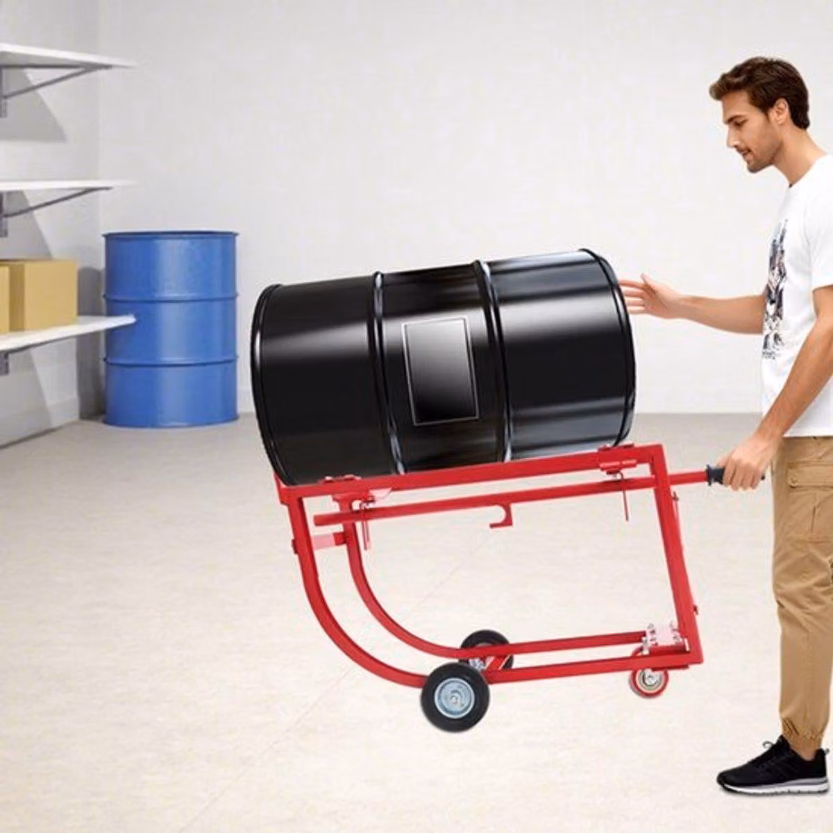 Carrello a piattaforma rosso - Capacità di carico: 272 kg - Acciaio - Per fusti di olio - Carrello di trasporto