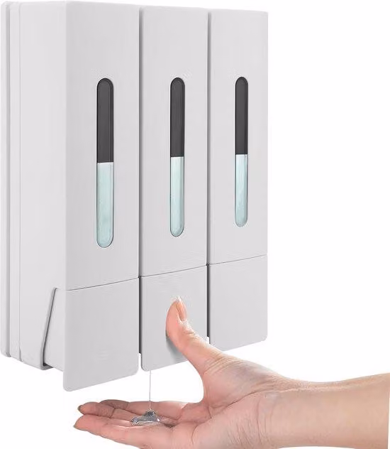 Accessorio per cabina doccia da montare a parete, dispenser a 3 compartimenti - serbatoio per sapone e shampoo - fissaggio a parete - dispenser di sapone da appendere - serbatoio per sapone e shampoo - senza necessità di foratura - bianco - ideale per bag