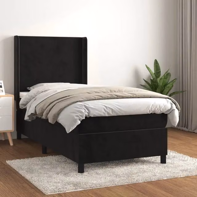 Letto Ibrido vidaXL con Giroletto a Molle e Materasso in Velluto Nero, L/P/H: 90 x 193 x 128 cm