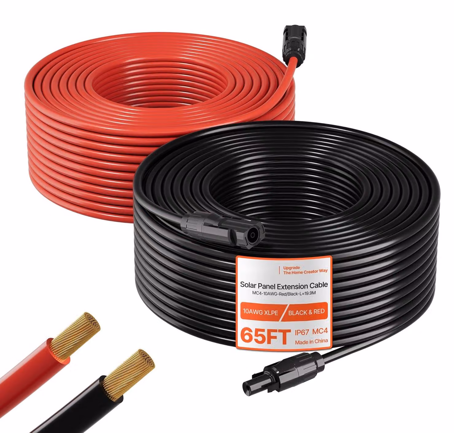 Prolunga per cavi solari - Set di cavi di prolunga solari MC4 - 2x 19,9 m - 10 AWG (circa 6 mm²) - Impermeabile IP67 - Rame stagnato - Per impianti fotovoltaici - Nero e rosso