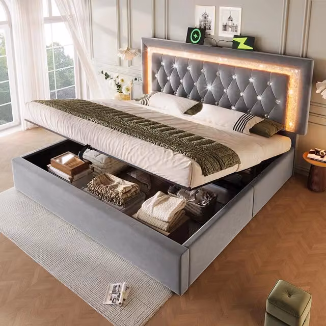 Letto imbottito-Xylo-180x200cm LED diamante USB-C idraulico velluto grigio senza materasso