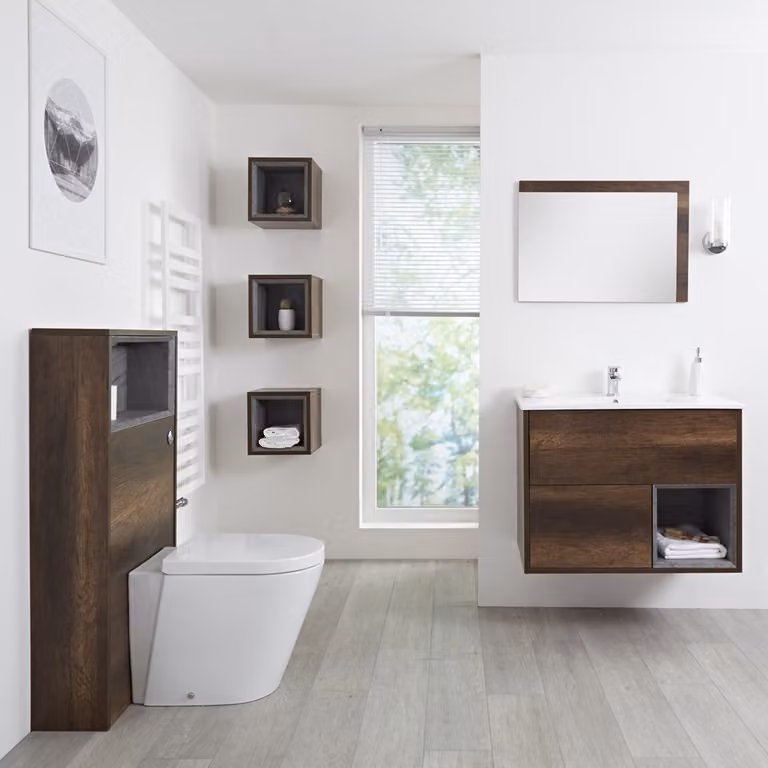 Set Mobili Bagno Rovere Scuro con Lavabo 800mm, Mobile WC, Mobile Murale, Specchio e Sanitario - Hoxton