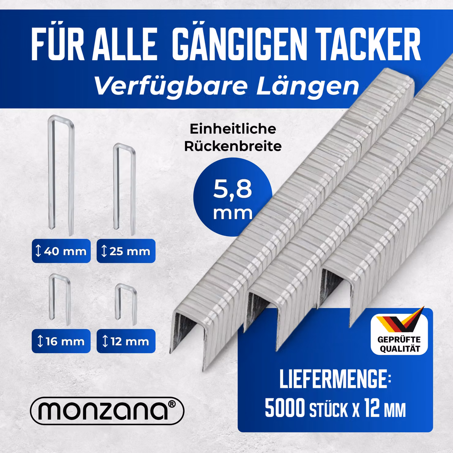 Punti metallici Monzana in acciaio zincato argento, 5000 pezzi, L: 12 mm, P: 5,8 mm – 2