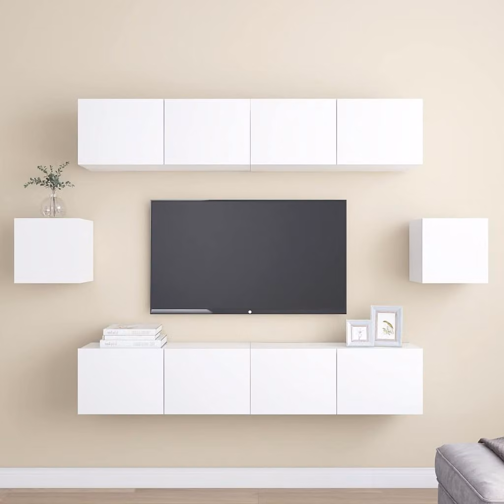 Set di mobili porta TV vidaXL da 6 pezzi in legno multistrato e MDF, colore bianco opaco, design minimalista per soggiorno