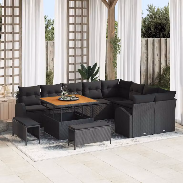 Set Divano da Giardino vidaXL a forma a U con 12 pezzi, Nero