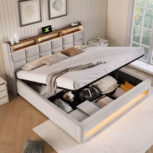 Letto contenitore matrimoniale OKWISH in lino beige chiaro con illuminazione LED, porta USB e base a sollevamento, L/P: 140 x 200 cm