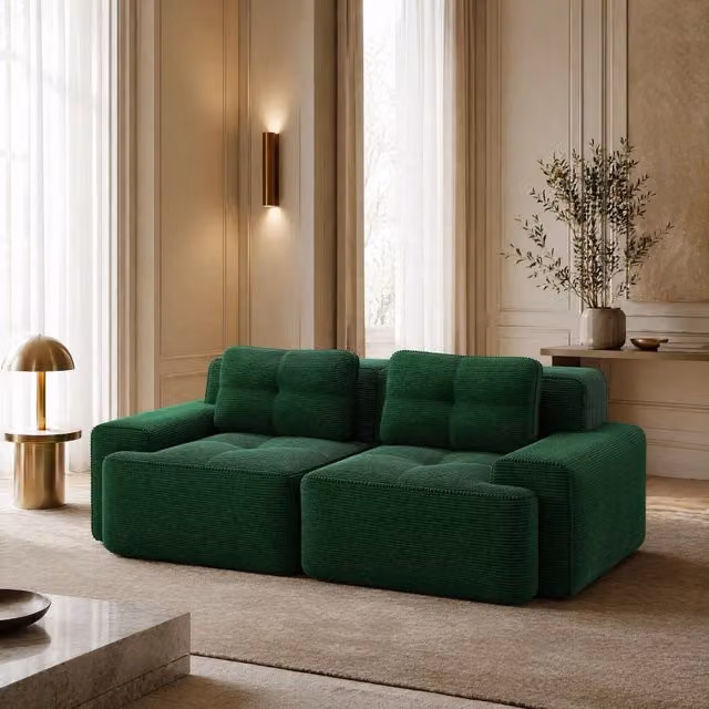 Divano modulare senza struttura in corduroy; seduta profonda 74 cm; verde; 204x104x69 cm