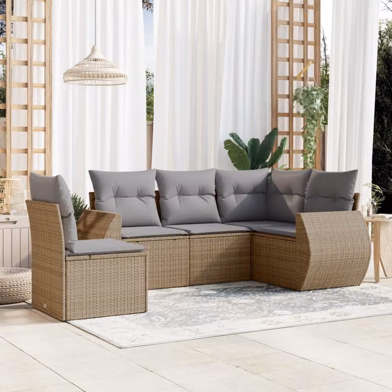 vidaXL Set Divano da Giardino a L 6 pz con Cuscini Beige e Tavolino in Metallo e Vetro