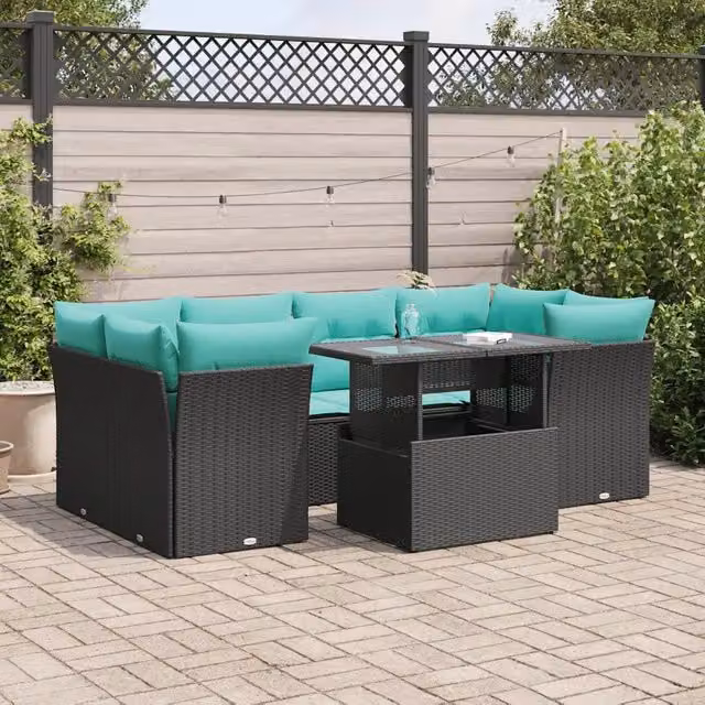 Set Divani da Giardino con Cuscini 7pz Nero Polyrattan Acacia 3326108