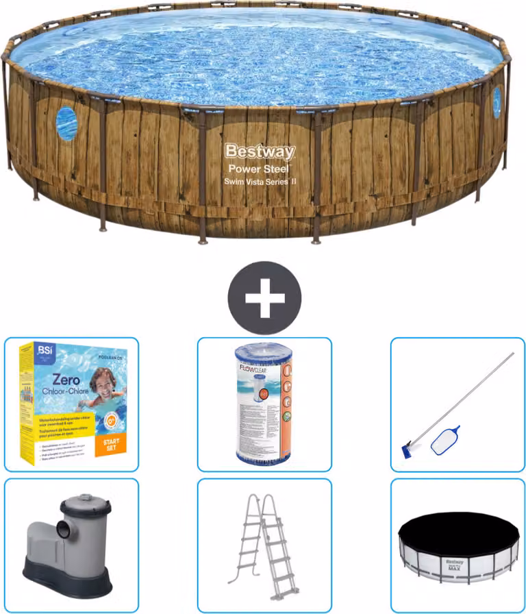 Piscina Bestway Round Power Steel Swim Vista - stampa su legno - 549 x 122 - inclusa pompa - scaletta - copertura pacchetto manutenzione - filtro - kit pulizia