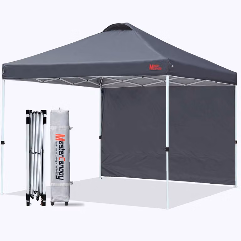 Padiglione pop-up di 2x2 metri, con sistema di ventilazione e una parete laterale, colore nero