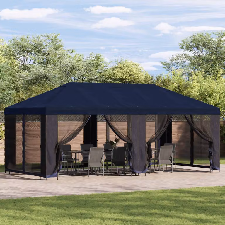 vidaXL Gazebo da giardino con pareti laterali in poliestere e acciaio, L: 600 cm, P: 300 cm, H: 276,5 cm, Blu
