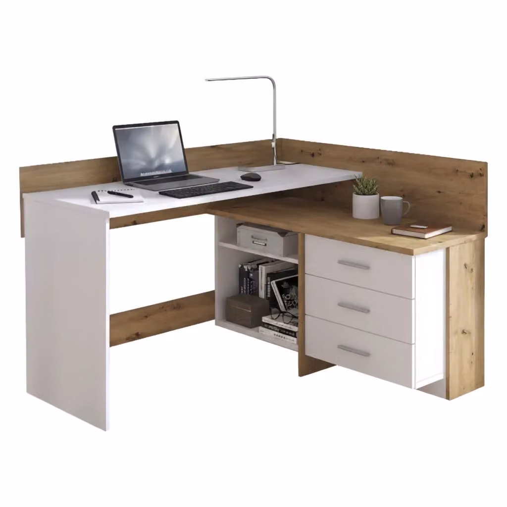 Scrivania DMORA Elsa moderna con cassettiera, tavolo per ufficio e computer in bianco e rovere, L: 130 cm, H: 82 cm, P: 111,6 cm – 2