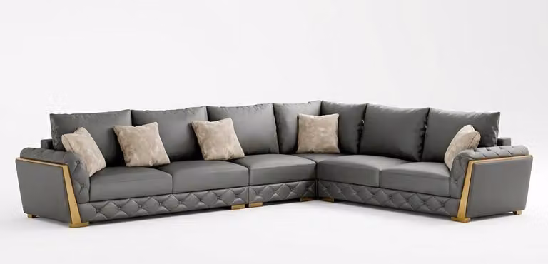 Divano ad angolo, colore grigio, stile moderno, gambe in legno, braccioli morbidi, ecopelle