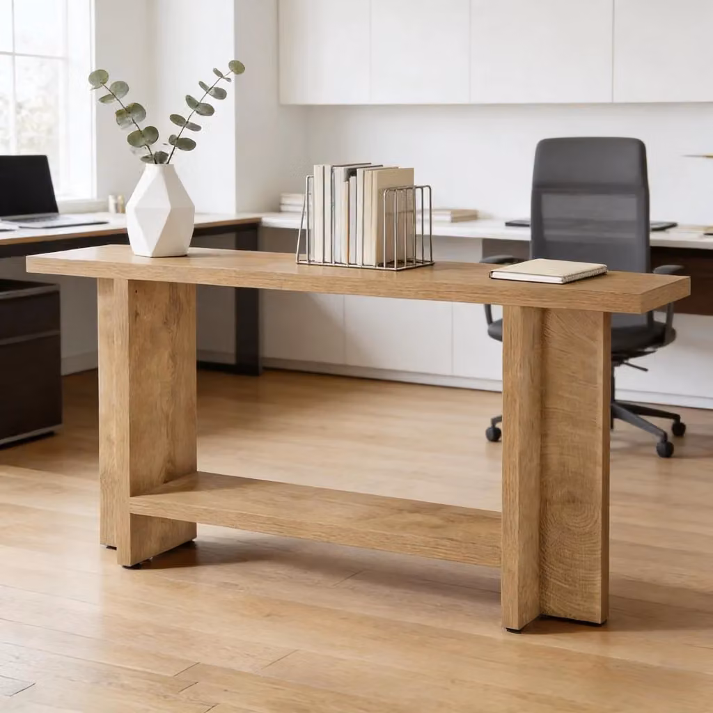 Consolle MIVRAY a due ripiani in MDF marrone con struttura a T per ingresso o dietro il divano L/P/H: 150 x 30 x 80 cm – 2