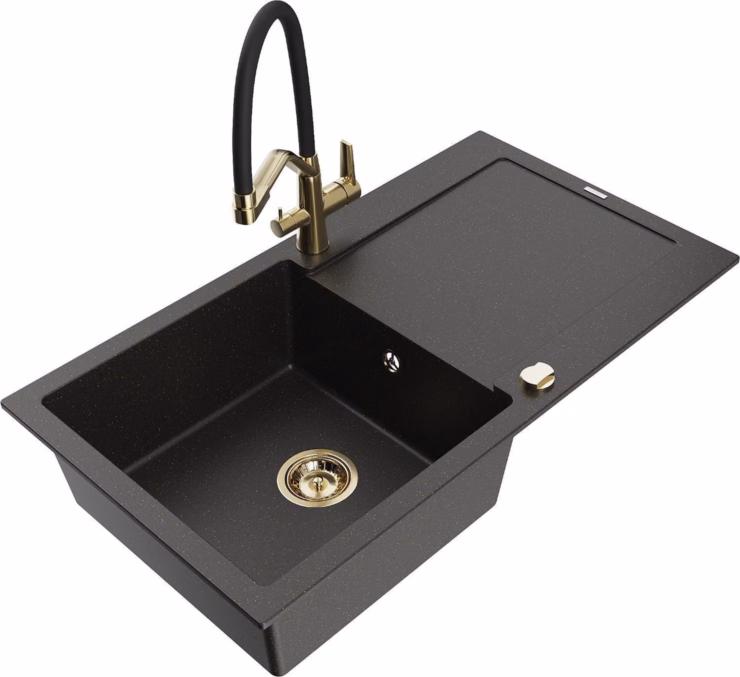 Mexen Leo lavello in granito a 1 vasca con scolo e rubinetto da cucina Duo, nero/oro metallizzato - 6501-75-671701-57-G