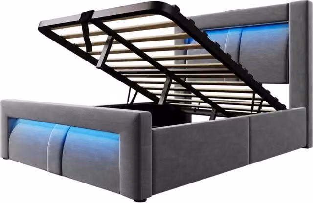 Letto singolo 90x200 cm con contenitore, illuminazione LED con controllo app, porte USB e Type-C, velluto grigio, senza materasso