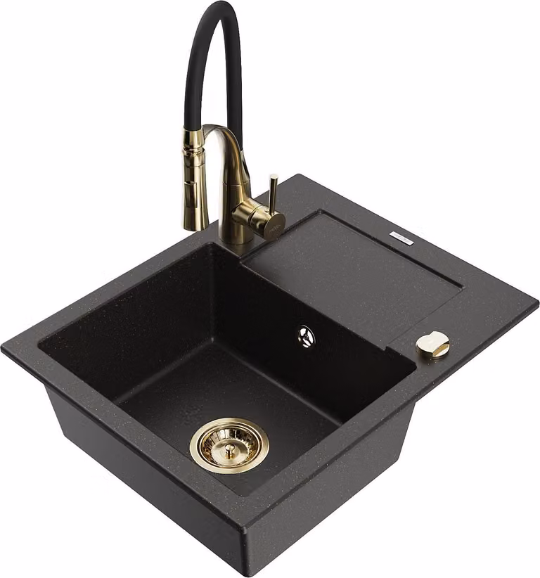 Mexen Enzo lavello in granito a 1 vasca con gocciolatoio e rubinetto da cucina Aster, nero/oro metallizzato - 6506-75-73450-57-G