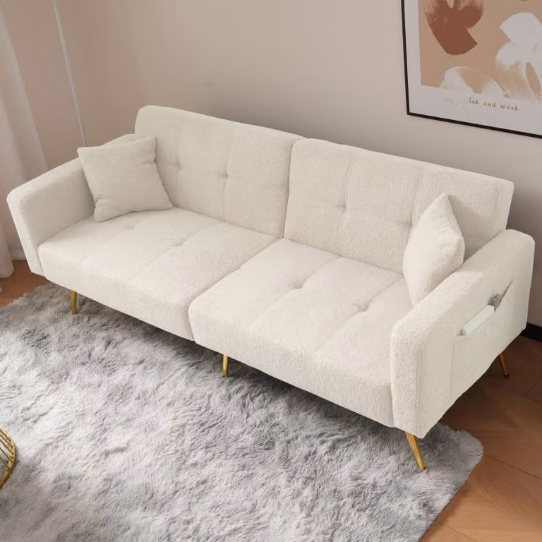 okwish divano letto pieghevole Daybed con funzione di letto, letto per ospiti, divano con ampia superficie di appoggio, divano imbottito con cuscini e tasche laterali portaoggetti, bianco