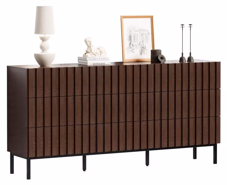 Comodino con 9 cassetti, dimensioni 150x34x72 cm, colore marrone scuro