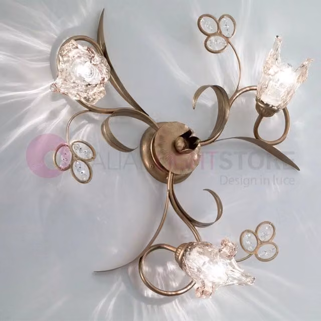 SOFIA Plafoniera e Lampada da Soffitto a 3 Luci in Metallo e Cristallo Oro/Ottone con Vetro Trasparente Stile Classico