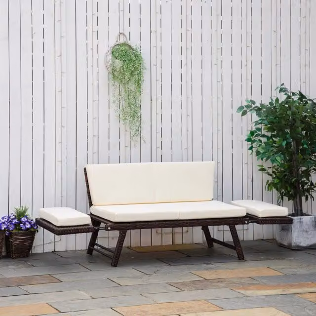 Divano da giardino a 2 posti Mivray in rattan sintetico marrone con cuscini beige per terrazza e balcone