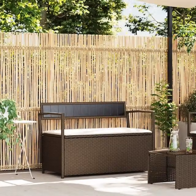 Panca portaoggetti da giardino vidaXL in polyrattan marrone e bianco con cuscini L: 111.5 cm, P: 54 cm, H: 41.5 cm – 1