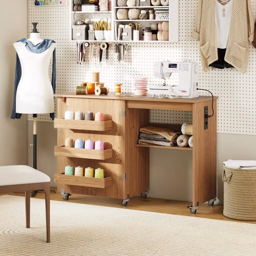Tavolo da cucito pieghevole con ripiano e contenitori, mobiletto di stoccaggio multifunzionale su ruote bloccabili colore naturale beige e marrone – 2