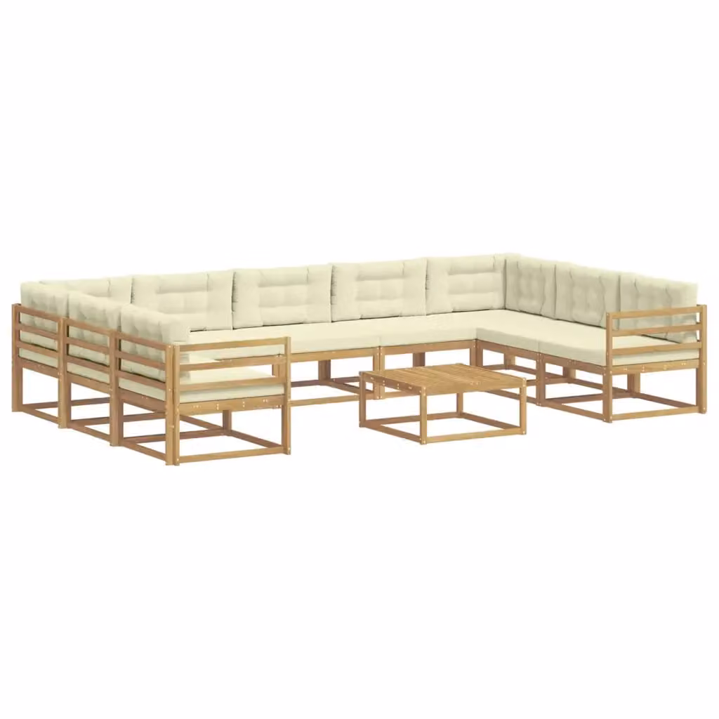 Set di divani da esterno a L vidaXL in legno di acacia con tavolo da caffè e cuscini, Bianco e Beige – 2