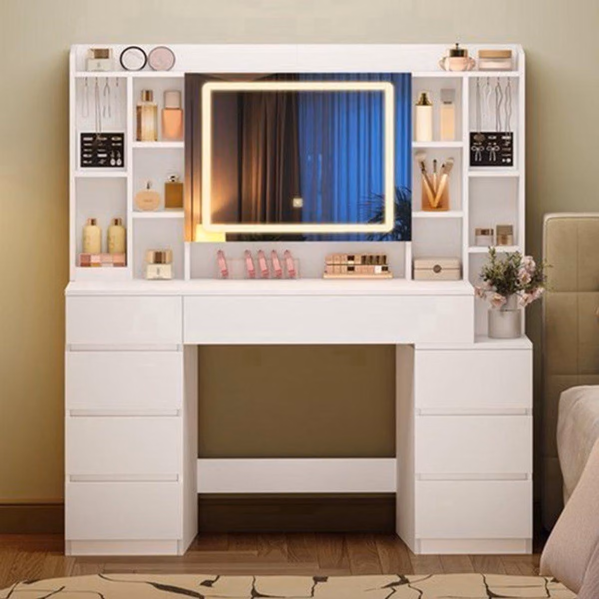 Comodino con specchio - Bianco - 8 cassetti - 11 scomparti aperti - Mobile per camera da letto