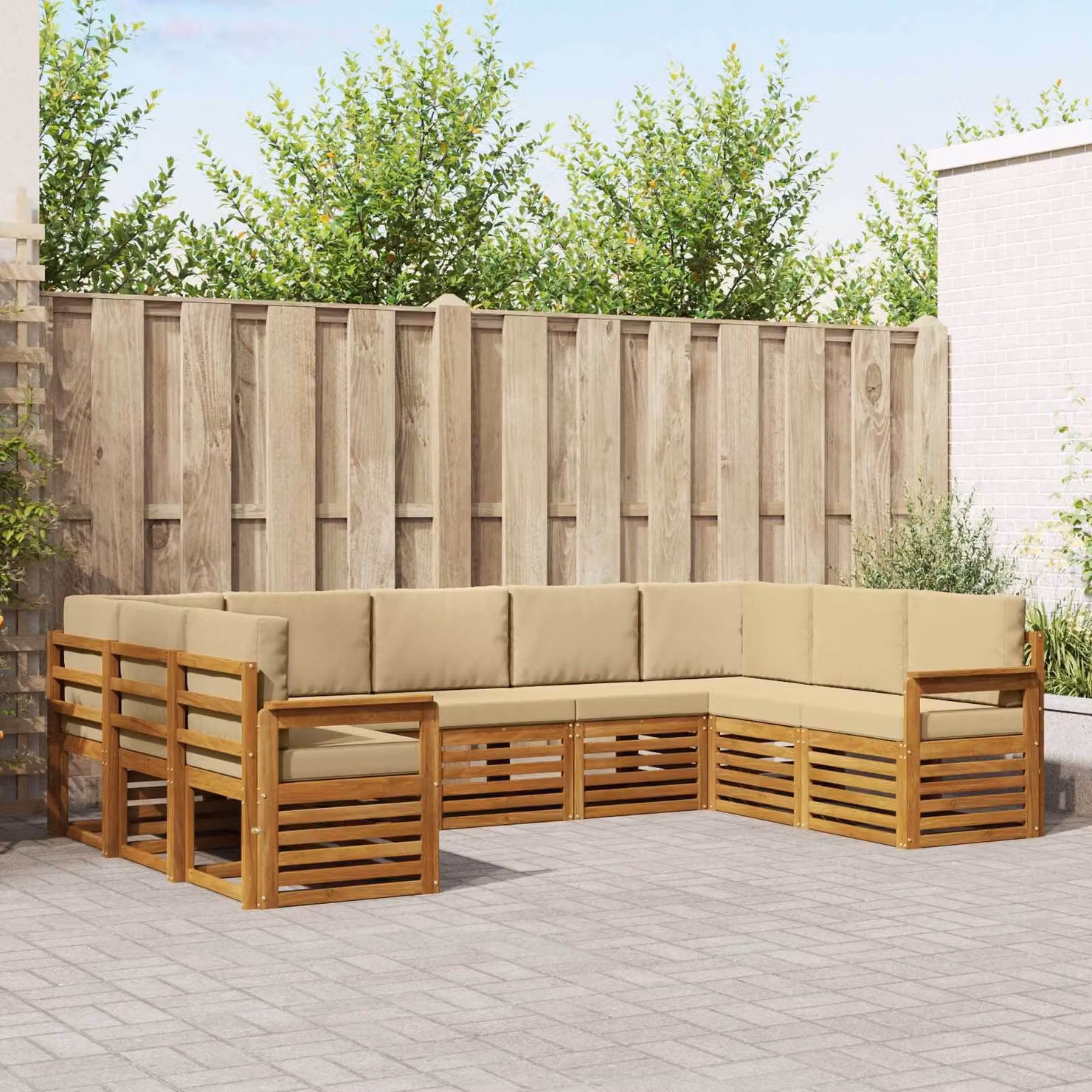 Set di divani da esterno vidaXL 9 pz in legno di acacia con cuscini beige e sabbia