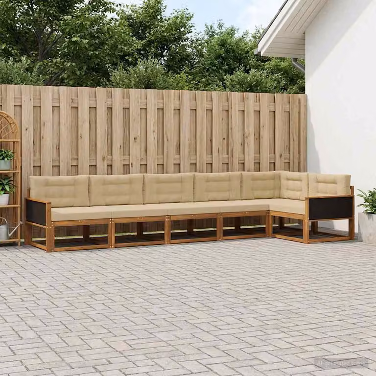 vidaXL Set di divani da esterno a L in legno di acacia con cuscini, 6 pezzi, Beige e Marrone