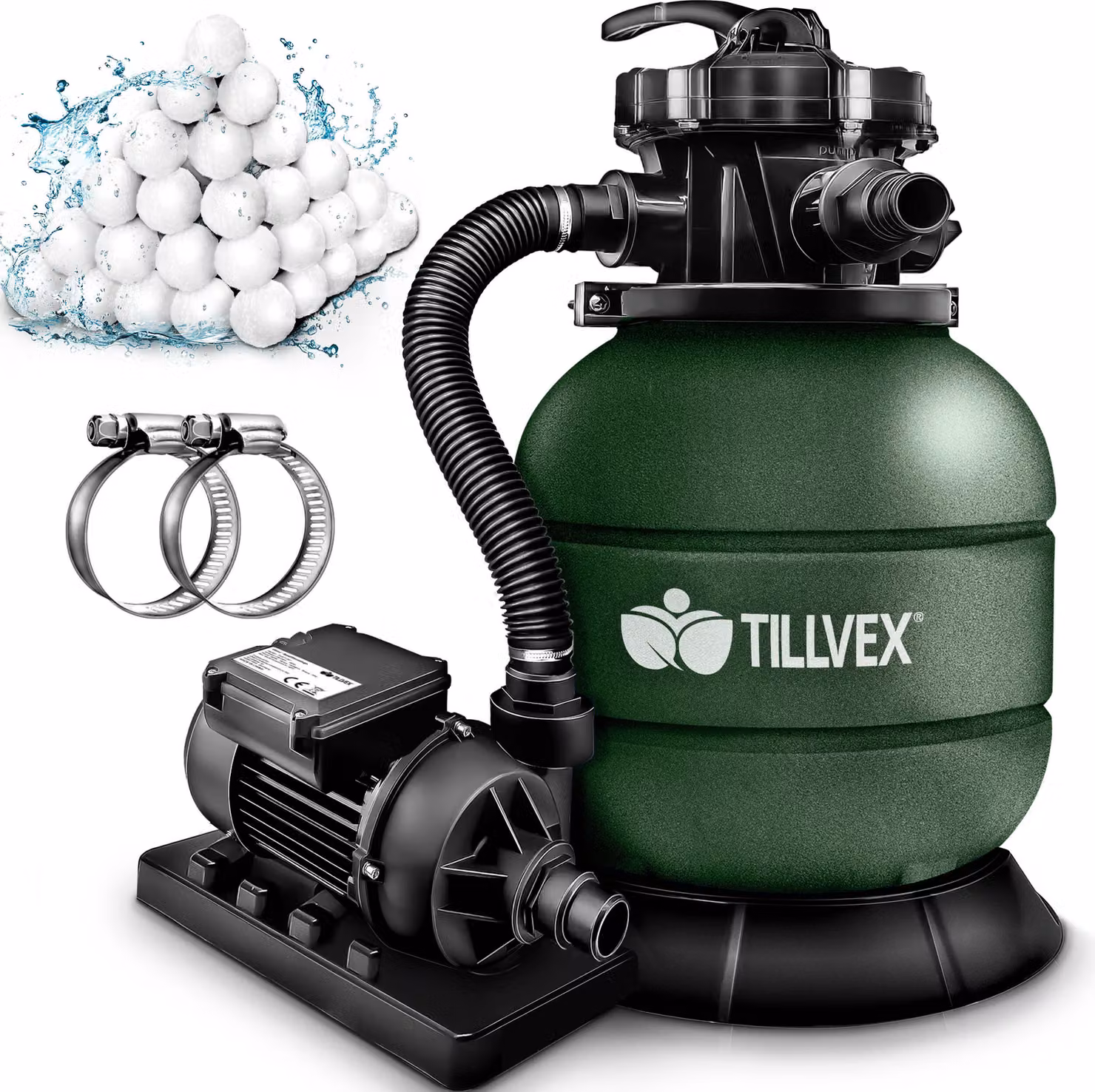 tillvex® sistema di filtraggio a sabbia per piscina 7.900L/h incl. sfere filtranti da 400g | sistema di filtraggio valvola a 7 vie & adattatore 2in1 Ø32mm - 38mm | filtro per piscina con indicatore di pressione | filtro a sabbia per piscine verde