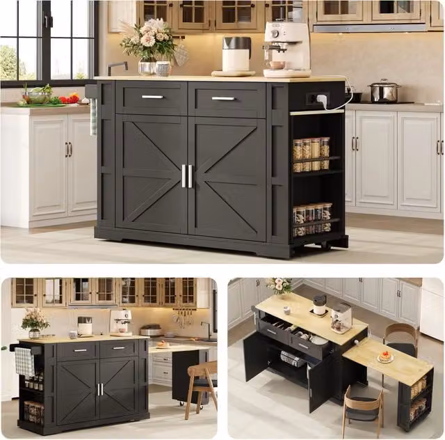 Isola da cucina mobile con piano estraibile laterale; prese; 2 cassetti e armadio; nero/rovere; 120x50x93 cm